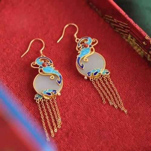Designer original new Hetian jade blue butterfly tassel earrings exquisite retro Chinese style ladies silver jewelry