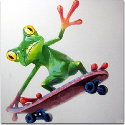 Hand Painted Skateboarding Frog Oil Painting Modern Canvas Wall Art for Living Room Handmade Animal Art for Kids' Room Decor