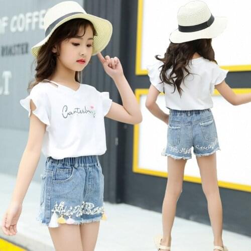 Girls' Suit New Two-piece Short-sleeved Blouse+denim Shorts Baby Girl Clothes Toddler Girl Fall Clothes 2021