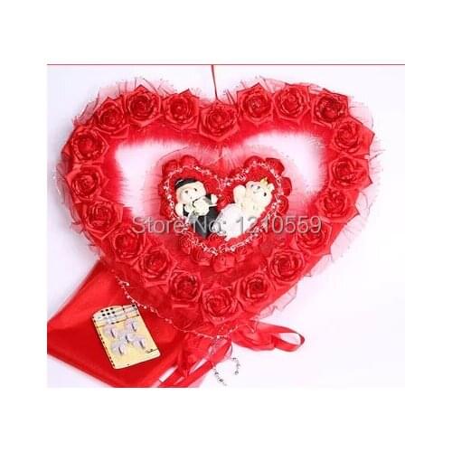 Red Double Heart Double Bear Ball Hanging Flower Ball+20 meters Organza+5 Pieces Pothooks for Wedding Home Decoration