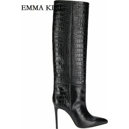 Hot Sale Women Alligator Pattern Women Knee High Boots Point Toe PU Leather Knee High Bottes 2020 Autumn Spring Boots 43