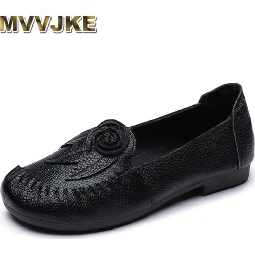 MVVJKE 2021 Spring Summer Ethnic Style Genuine Leather Shoes Womens Flat Soft Comfortable Slip on Loafers Flower Mother Shoe
