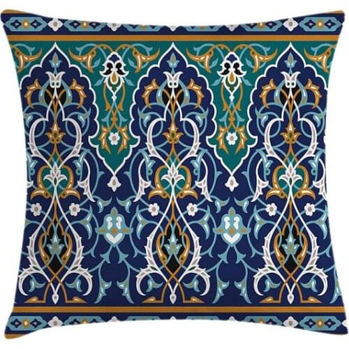 Blue Mustard Moroccan Throw Pillow Case Ethnic Oriental Figure Petals Hippie Cushion Cover Vintage Tribal Mosaic Decor Gifts