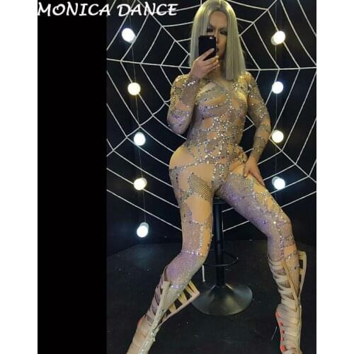 Sexy Stretch Nude Bodysuit Women Nightclub Wear Leggings Bodysuit Outerwear Stones Dance Bodysuit Outfit Performance Costumes