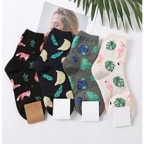 Cute Plant Fruit Pattern Art Socks Women Korean Animal Summer Funny Socks Unisex Kawaii Ankle White Short Cotton Fun Crazy Socks