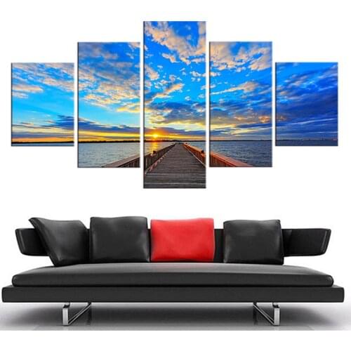 Painting Poster Wall Picture Framework 5 Panel Sea View Sunset Plank Road Canvas Art Print Modular For Home Decoration Kids Room