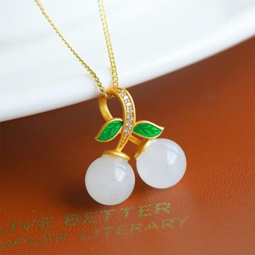 Silver Natural Hetian white jade plant Pendant Necklace Chinese style retro unique ancient gold craft womens brand jewelry