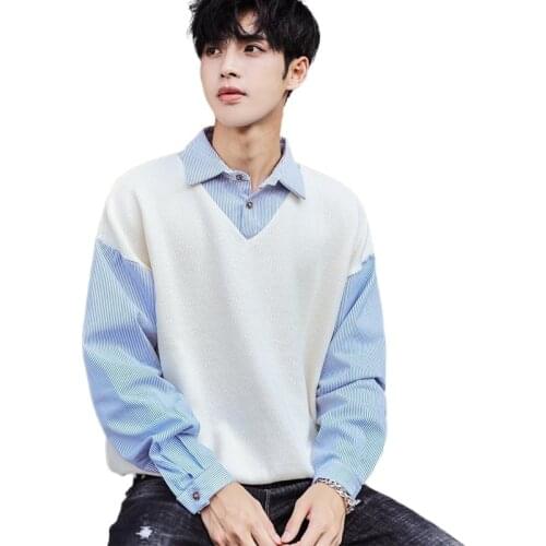 Fake two-piece sweater mens shirt collar autumn and winter long sleeve bottoming sweater loose lazy wind mens trend top