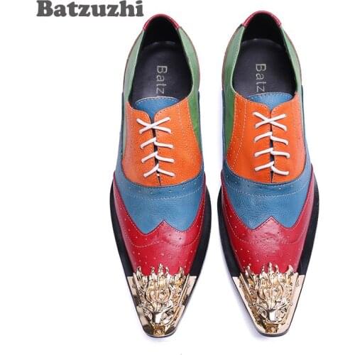 Batzuzhi Italian Type Men Shoes Gold Iron Toe Formal Men Dress Shoes Genuine Leather Business Shoes Lace-up Zapatos Hombre, 46