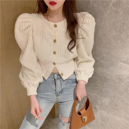 Spring Retro Corduroy Short Shirts Women French Style All-match Long Puff Sleeve Blouses Tops Single Breasted Blusas