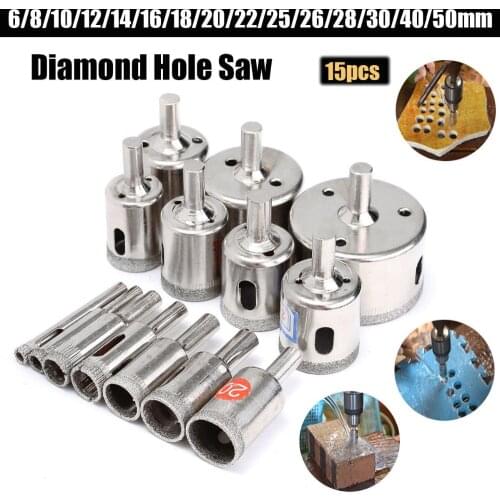 WENXING 15PCS 6mm-50mm Diamond Coated Core Drill Bit Glass Ceramic Hole Saw Tile Marble