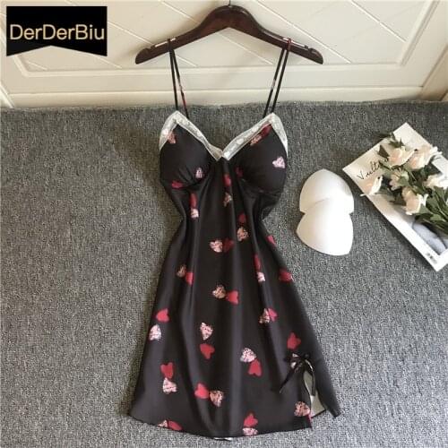 Ladies Sweet Nightdress Satin Deep V-neck Nightgown Cute Printing Sleepwear Suspender Women Homewear With Chest Pads Nightwear