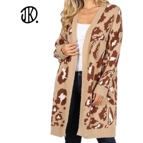 Leopard Print V-neck Fashion Cardigan Winter Long Sleeves Knitted Long Sweater Jacket Ladies Loose Autumn British Style Coats XL