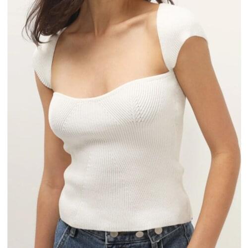 JUNWU Summer Womens White Knitted Square Collar Card Shoulder Sleeve Elastic Fabric Top Chic Off-Shoulder Design Sexy Za Sweet