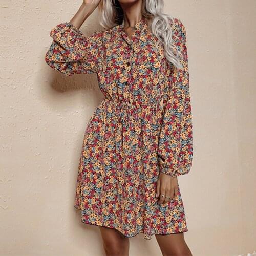 Autumn Vintage Office Lady Floral Print Short Dress Women Belt Lantern Long Sleeve A Line Boho Mini Party Vestido Ladies Dresses