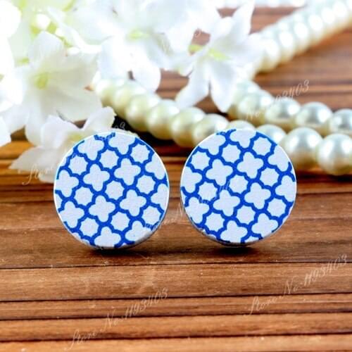 16mm Blue quatrefoil Round High Quality Photo Image Wood Laser Cut Cabochon to make Rings, Earrings, Bobby pin,Necklaces