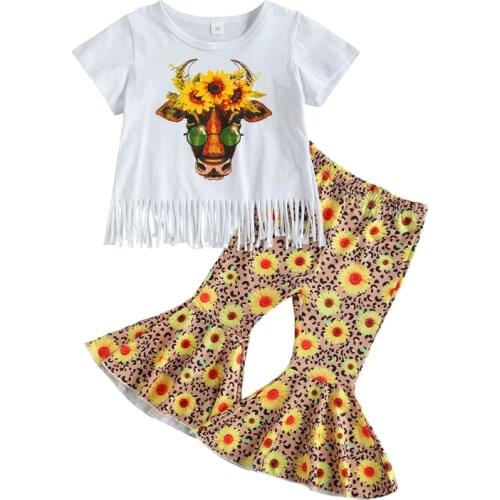 2021 Children Baby Girl Horn flower Printed Short Sleeve Tops+Flare Pants Kids Outfits 2pcs Summer Clothes Set