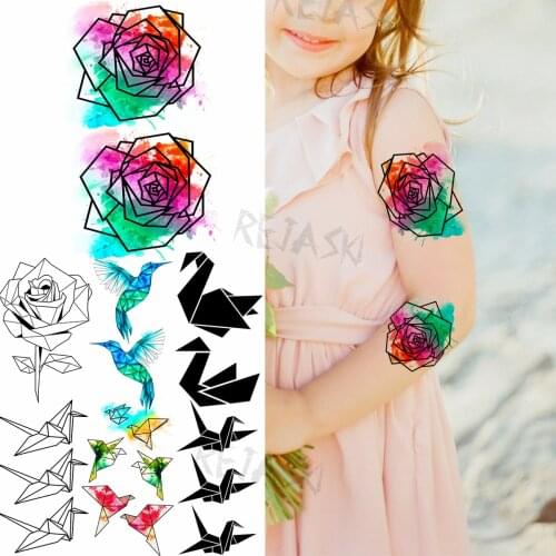 3D Small Watercolor Rose Temporary Tattoos For Kids Women Thousand Paper Cranes Realistic Fake Tattoo Cute Arm Waterproof Tatoos
