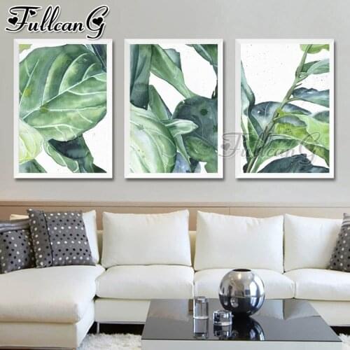 FULLCANG 5d diy diamond embroidery green plant leaves diamond painting triptych full square round drill home decoration FC3097