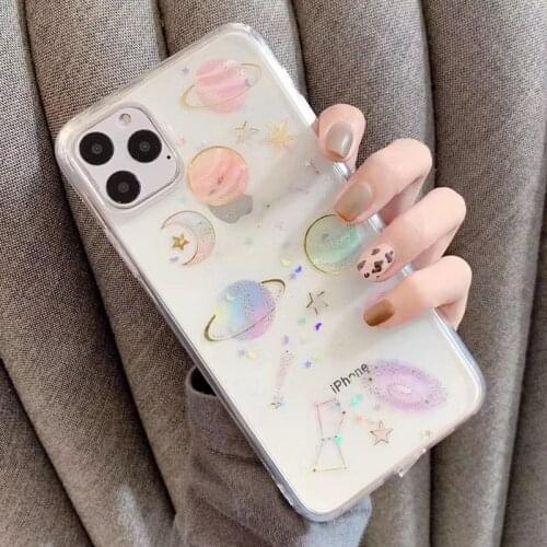 Glitter Epoxy Phone Case For iPhone 12 11 Pro Max XR XS Max X 5 5S 6 6S 7 8 Plus X Planet Star Transparent TPU Back Cover Cases