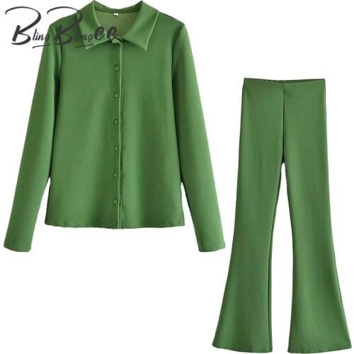 BlingBlingee Za 2021 Autumn Woman Traf Outfits Green Shirt High Waist Skinny Flare Pants Suits Female Casual 2 Piece Sets