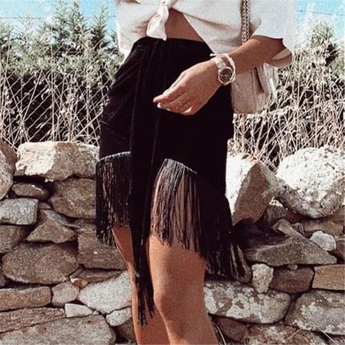 Elegant Women Tassels Skirt 2021 Fashion Ladies Black Velvet Mini Skirt Sexy Female Streetwear High Waist Skirt Chic Girl Skirt