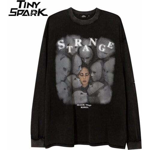 Hip Hop Streetwear Oversize T Shirt Face Letter Print T-Shirt Harajuku Cotton Loose 2021 Men Autumn Long Sleeve Tshirt Black