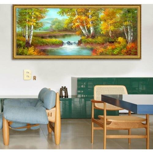 Artist sales hand painted oil painting on canvas golden season Birch trees by the river home decoration big wall art on canvas