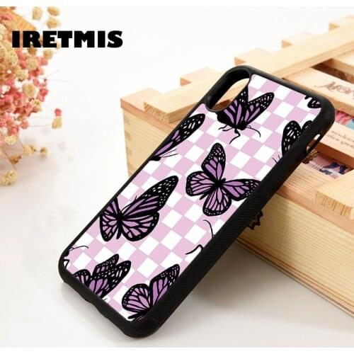 Iretmis 5 5S SE 6 6S Silicone Rubber Phone Case Cover for iPhone 7 8 Plus X Xs 11 12 MINI Pro Max XR Purple Butterfly Checkers