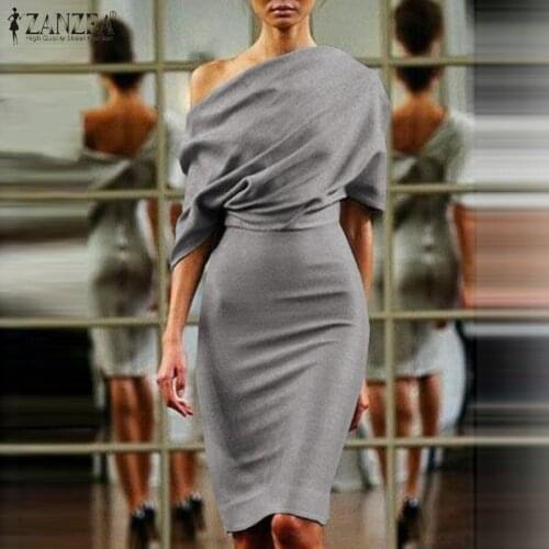 2021 ZANZEA Women Elegant Pencil Dress Autumn Off Shoulder Bodycon Vestidos Casual Femme Half Sleeve Solid Slim Fit Sundress