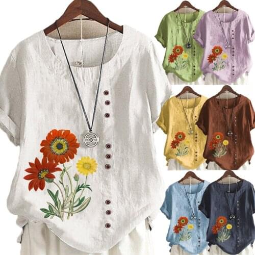 Summer Casual Flowers Print Loose T-shirts Vintage Cotton and Linen O-Neck Plus Size Short Sleeve Blouse Tops For Women S-5XL