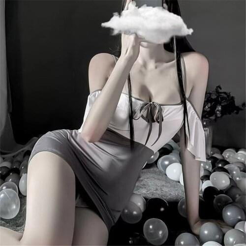 New Sling Night Skirt Uniform Allure Sexy See Through Lingerie Set Exotic Package Hip Skirt Grey White Patchwork Tight Underwear