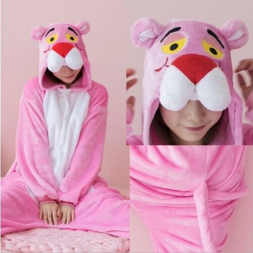 New! Winter Cute Pink Panther Pajamas Men Woman Boy Girl Onesie Hooded For Adult Kid Animal Cosplay Long Sleeve Sleepwear Pijama