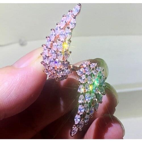 Open Adjustable Size Deluxe Jewelry 925 Sterling Silver&Rose Gold Fill Marquise Cut Topaz CZ Diamond Feather Angle Wing Ring