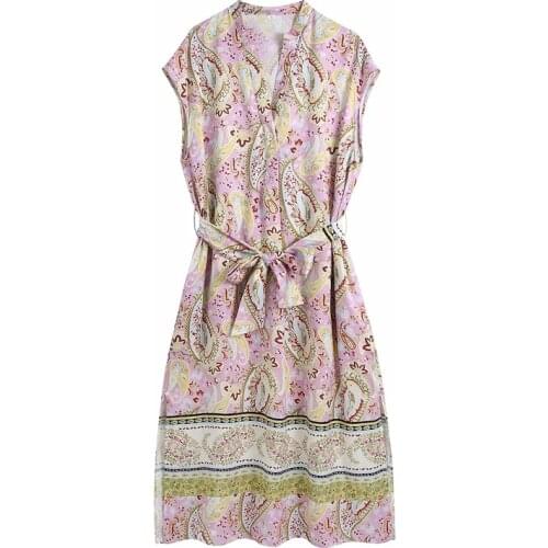 New Women printed tunic dress Ladies v-neck sleeveless Shirt dress with belt side slits Casual Midi Summer Dresses 2021 robe