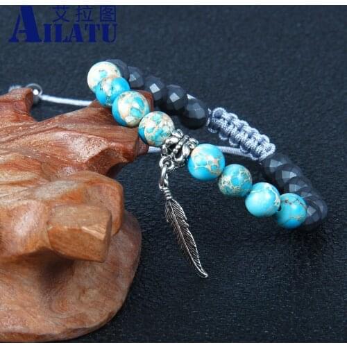 Ailatu Jewelry Wholesale 10pcs/ot 8mm Faceted Hematite and Blue Sediment Stone Feather Charm Bracelet