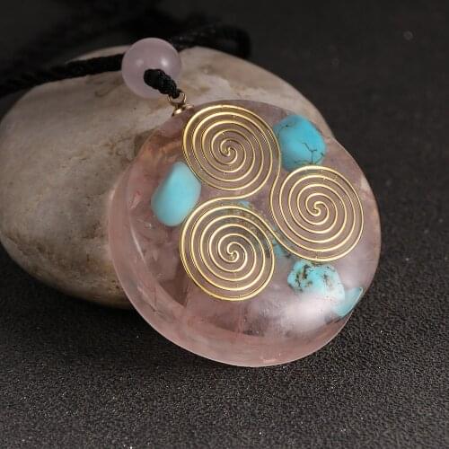 Women Fashion Pink Crystal Orgonite Pendant Necklace Rose Quartz Turquoises Stone Resin Round Necklaces Reiki Orgone Jewelry