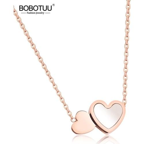 BOBOTUU Stainless Steel Sweet Shell Love Double Heart Pendant Necklaces Rose Gold Wedding Neckalce For Women Gift BN17068