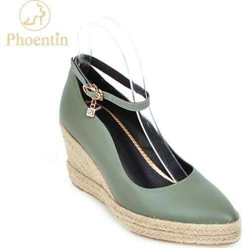 Phoentin wedges shoes for women 2020 new high heels platform ankle strap pumps female pointed toe plus size green color FT832
