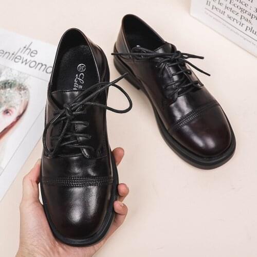 2021 Spring British Round-Toe Lace-Up Thick-Heel Single Shoes Women