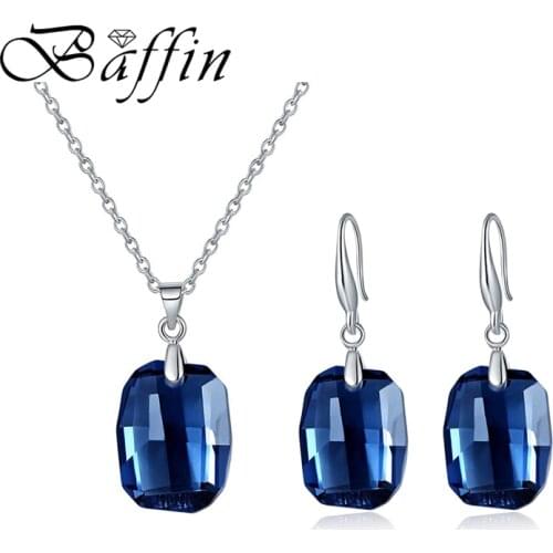BAFFIN New Blue Crystals From Swarovski Square Jewelry Set Graphic Pendant Necklace Dangle Earrings Silver Color For Women Gifts