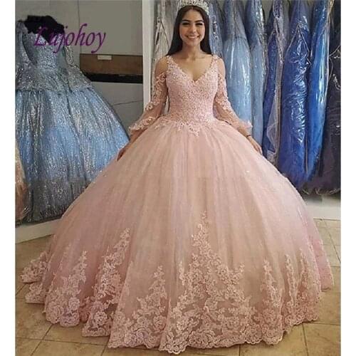 Long Sleeve Lace Quinceanera Dresses Ball Gown Corset Plus Size Pink Mexican 15 year old Sixteen Princess Sweet 16 Prom Dress