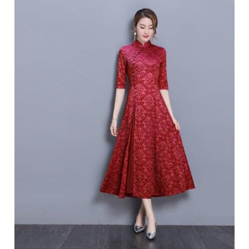 2020 Spring Summer Modern Cheongsam Women Lace Qipao Chinese Dress Long Party Vintage Elegant Dress High Quality GD775