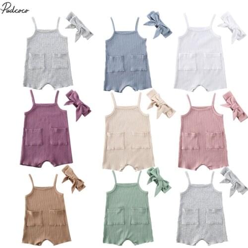 2020 Toddler Baby Girls Cotton Rompers Kid Solid Tops Cut Sleeveless Pockets Jumpsuit Headband Outfit Cotton Clothes 2pcs