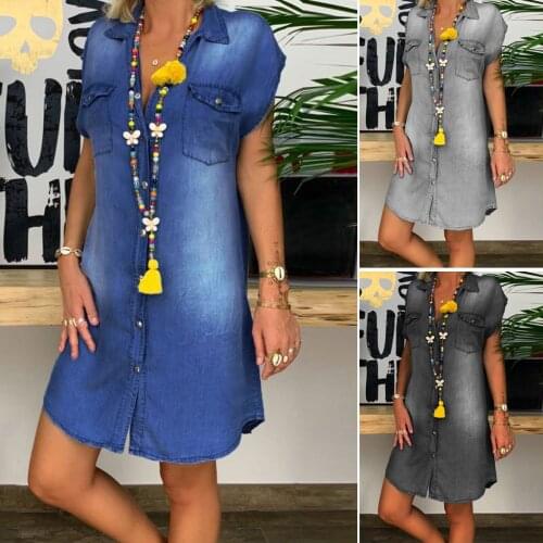 &35 Womens Summer Denim Dress Jean Casual Turndown Neck Party Dresses Sleeveless Swing Dress Casual Office Dresses Vestidos