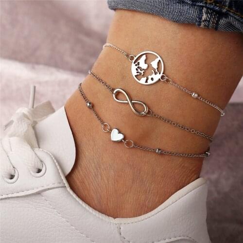 LETAPI Vintage Infinite Heart Map Anklets Set For Women Silver Color Multi Layer Anklet Bracelets On Leg Fashion Beach Jewelry