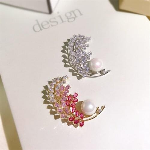 OKILY New Red and Sliver Color Crystal Feather Broochpins with Pearl for Women Wheat Broch Summer Dress Hat Jewelry 2021