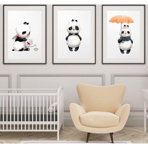 Black White Panda Umbrella Nursery Wall Art Canvas Painting Cartoon Nordic Posters Prints Wall Pictures Girl Boy Kids Room Decor