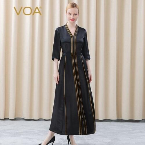 VOA Heavy Silk Black Double-sided Satin Heart Collar Open Line Decoration Seven-point Sleeve Waist Long Dress Dress AE580