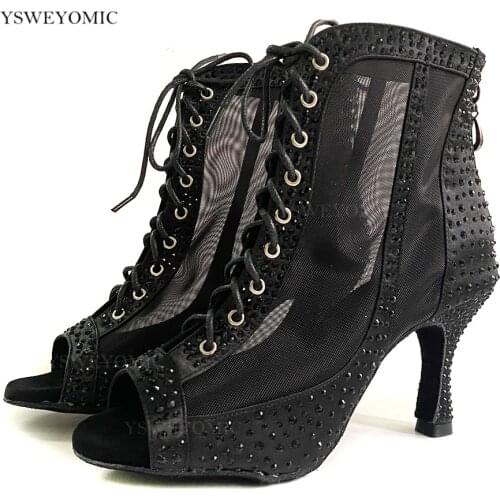 Black Rhinestones Dance Booties Suede Outsole 5cm 10cm Custtomized Bachata Salsa Latin Dance Shoes Outdoor Indoor